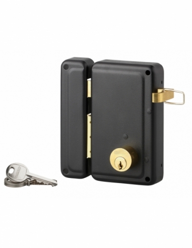 Serrure verticale en applique double entrée à tirage pour porte d'entrée, gauche, 76x130mm, axe 45mm, noir, 3 clés - THIRARD FBA
