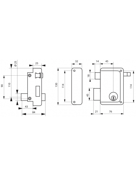 Serrure verticale en applique double entrée à tirage pour porte d'entrée, gauche, 76x130mm, axe 45mm, noir, 3 clés - THIRARD FBA