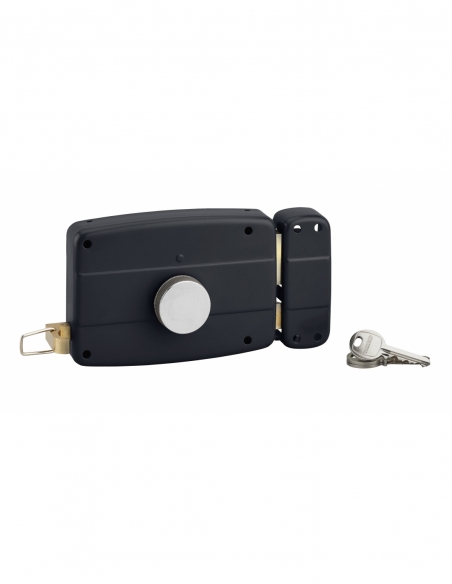 Serrure en applique à bouton pour porte de garage à battant, droite, 140x90mm, axe 70mm, noir, 3 clés - THIRARD FBA