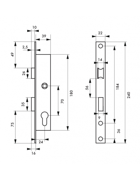 Boitier de serrure encastrable à cylindre pour menuiserie métallique, axe 24mm, bouts carrés, zingué - THIRARD FBA