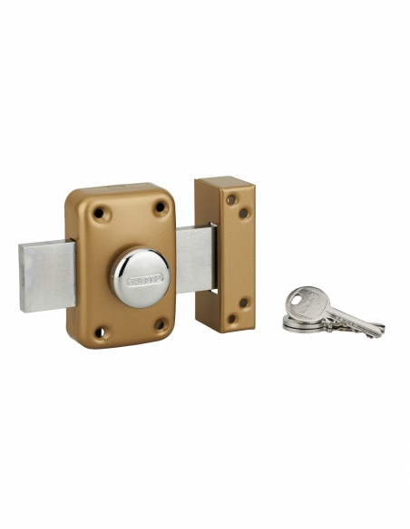 Verrou à bouton Apache pour porte à recouvrement, cylindre 45mm, pêne 140mm, acier, 3 clés, époxy or - THIRARD FBA