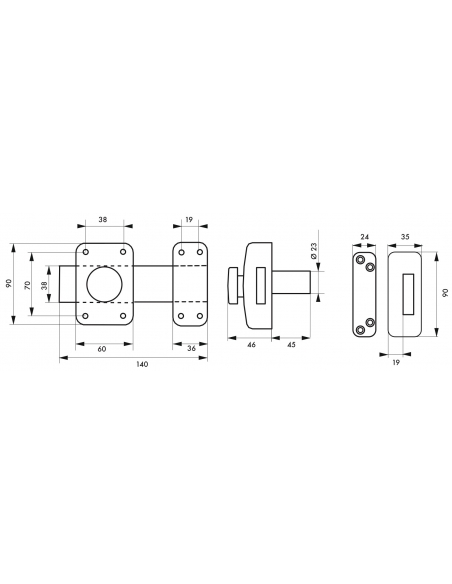 Verrou à bouton Apache pour porte à recouvrement, cylindre 45mm, pêne 140mm, acier, 3 clés, époxy or - THIRARD FBA