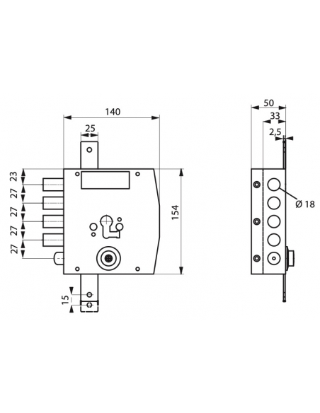 Boitier de serrure en applique à double entrée pour porte d'entrée, 154x140mm, 3 pts, gauche - THIRARD FBA