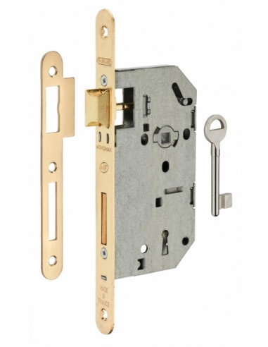 Serrure encastrable Monomax NF à clé pour porte de chambre, axe 50mm, bouts ronds, têtière laitonnée, 1 clé - THIRARD FBA