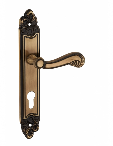 Ensemble de poignées pour porte d'entrée Louis XV trou de cylindre, carré 7mm, entr'axes 195mm, laiton vieilli - THIRARD FBA