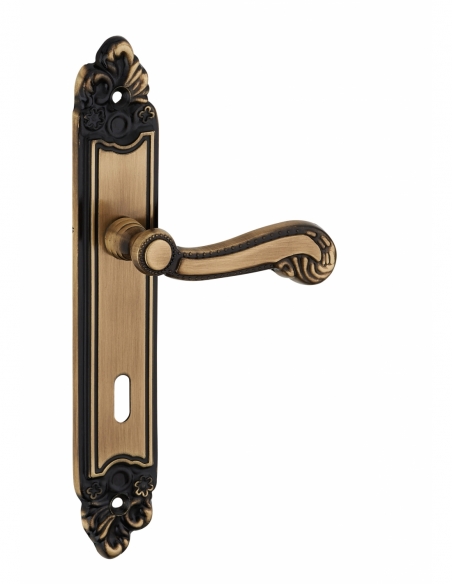 Ensemble de poignées pour porte de chambre Louis XV trou de clé, carré 7mm, entr'axes 195mm, laiton vieilli - THIRARD FBA