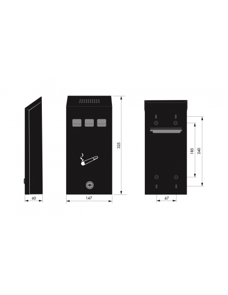 Cendrier mural, acier, compartiment amovible, 325x174x60mm, 2 clés, époxy noir granité - THIRARD FBA