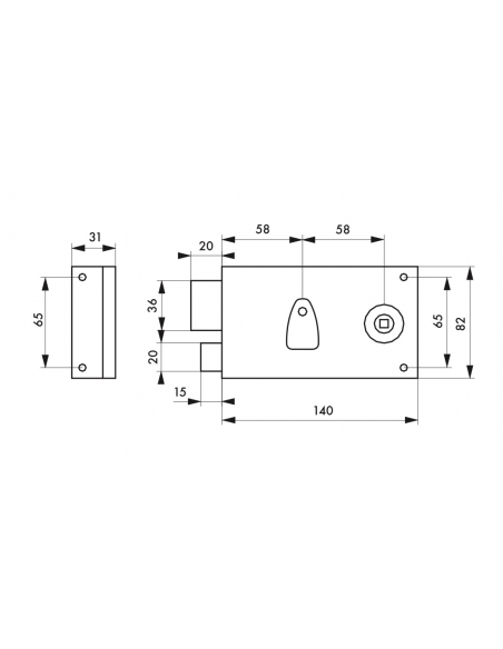 Serrure horizontale en applique à clé à fouillot pour portail, gauche, axe 58mm, 82x140mm, zingué, 2 clés - THIRARD FBA