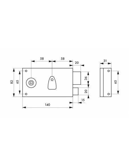 Serrure horizontale en applique à clé à fouillot pour portail, droite, axe 58mm, 82x140mm, zingué, 2 clés - THIRARD FBA