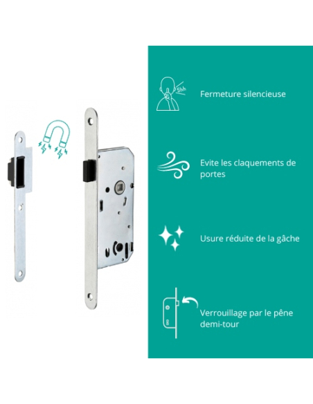 Serrure encastrable magnétique à condamnation pour salle de bain et toilette, axe 40mm, bouts ronds - THIRARD FBA