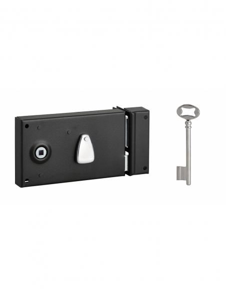 Serrure horizontale en applique à clé à fouillot pour porte de chambre, droite, axe 58mm, 140x82mm, noir, 1 clé - THIRARD FBA