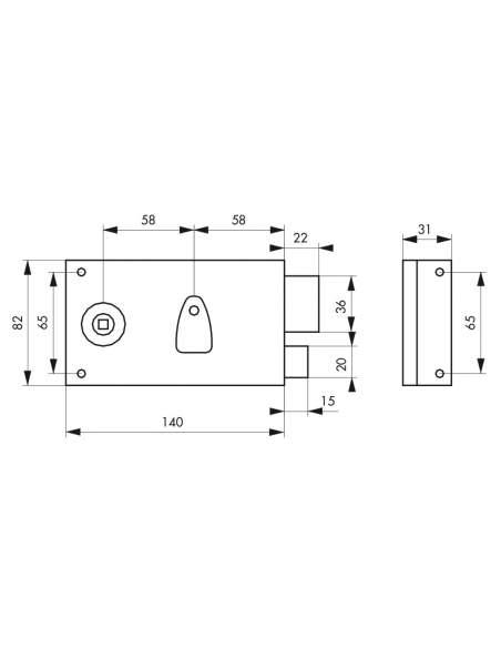 Serrure horizontale en applique à clé à fouillot pour porte de chambre, droite, axe 58mm, 140x82mm, noir, 1 clé - THIRARD FBA