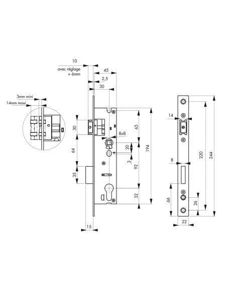 Boitier de serrure encastrable à cylindre pour menuiserie métallique, axe 30mm, entr'axe 92mm, bouts carrés, inox - THIRARD FBA