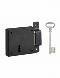 Serrure horizontale en applique à clé pour porte de cave, pêne seul, droite, axe 50mm, 85x76mm, noir, 1 clé - THIRARD FBA