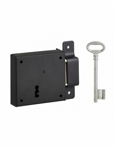 Serrure horizontale en applique à clé pour porte de cave, pêne seul, droite, axe 50mm, 85x76mm, noir, 1 clé - THIRARD FBA