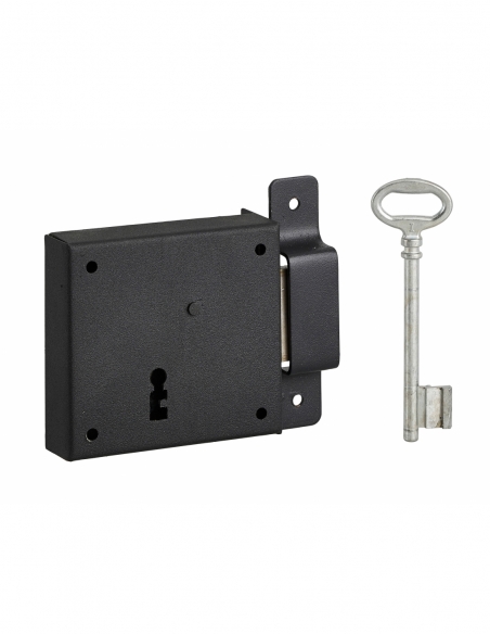 Serrure horizontale en applique à clé pour porte de cave, pêne seul, droite, axe 50mm, 85x76mm, noir, 1 clé - THIRARD FBA