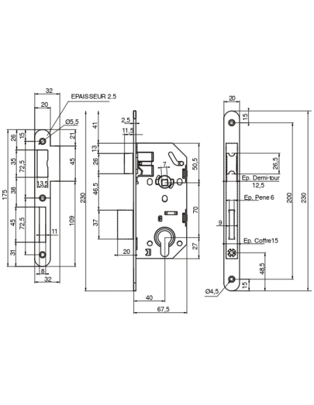 Serrure encastrable Monomax NF pour cylindre européen, axe 40mm, bouts ronds, têtière inox - THIRARD Serrures encastrables
