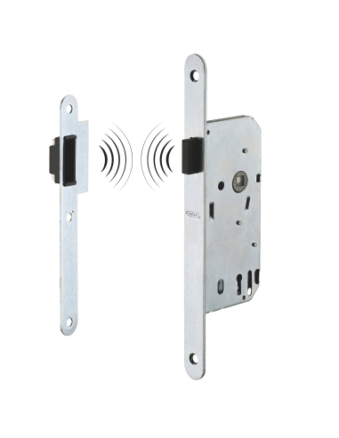Serrure magnétique encastrable pour porte intérieure, bec de cane (sans clé), axe 40mm, bouts ronds, fer satiné - THIRARD Ser...