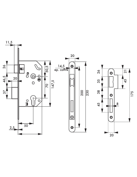 Serrure encastrable Monomax NF pour cylindre européen, axe 50mm, bouts ronds, têtière inox - THIRARD Serrures encastrables