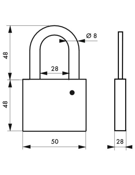 Cadenas CP 50mm, sans cylindre, corps laiton, anse acier cémenté. Sans cylindre