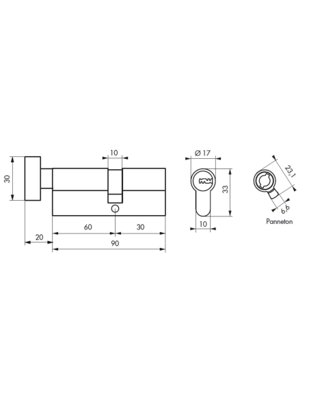 Cylindre de serrure à bouton 5G, 60Bx30mm, laiton, anti-arrachement, 5 clés - SP Cylindres à bouton