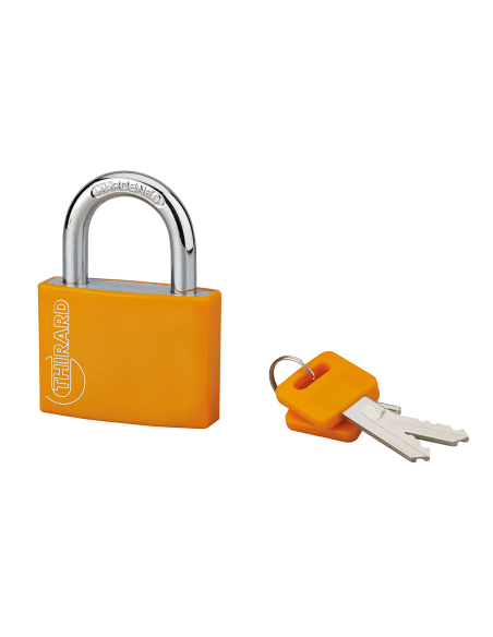 Cadenas à clé, extérieur, alu, 50mm, anse acier nickelé, 2 clés, orange - THIRARD Cadenas à clé