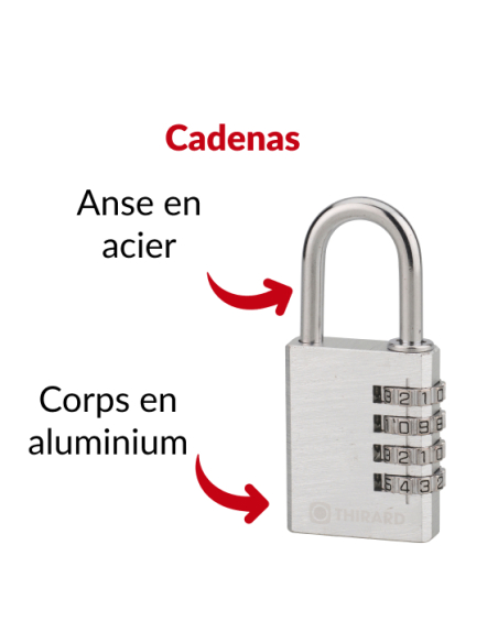 Cadenas à code Type 1, intérieur, alu, gris, 30mm, 3 chiffres - THIRARD Cadenas à combinaison