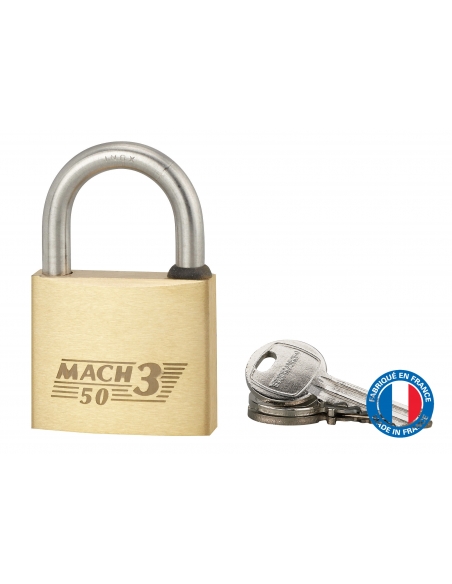 Cadenas à clé Mach 3, laiton, extérieur, anse acier, 50mm, 2 clés - THIRARD Cadenas à clé