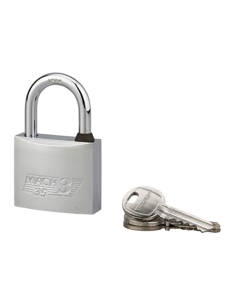 Cadenas à clé Mach 3, laiton nickelé, extérieur, anse inox, 35mm, 2 clés - THIRARD Cadenas