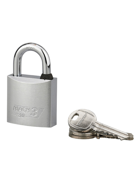 Cadenas à clé Mach 3, laiton nickelé, extérieur, anse inox, 30mm, 2 clés - THIRARD Cadenas
