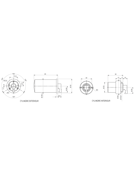 Cylindre adaptateur rond COBRA PLX, double entrée, 35x55mm, Ø 23 mm 3 clés Cylindre de serrure