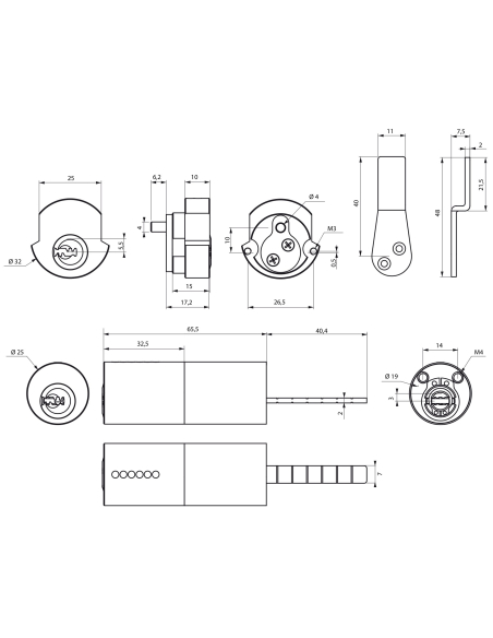 Cylindre rond adaptateur T2 CIS, 10x65, diamètre 25mm, 4 clés - THIRARD Cylindre de serrure