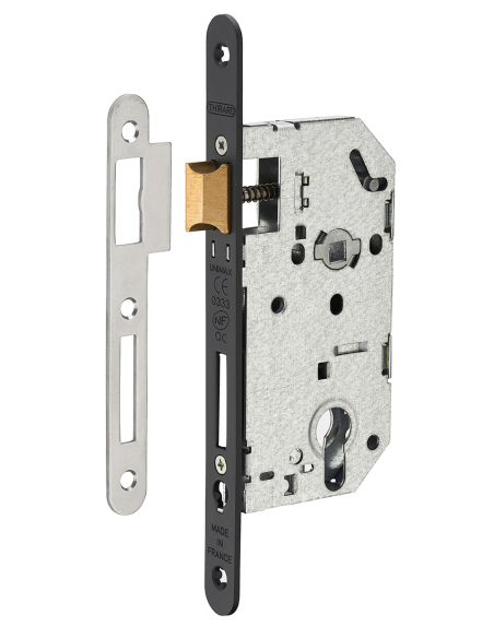 Serrure encastrable Unimax CE NF QC à cylindre pour porte d'entrée, axe50mm, bouts ronds, têtière noire - THIRARD Serrures en...