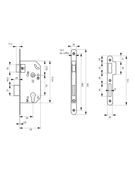 Serrure encastrable Unimax CE NF QC à cylindre pour porte d'entrée, axe50mm, bouts ronds, têtière noire - THIRARD Serrures en...