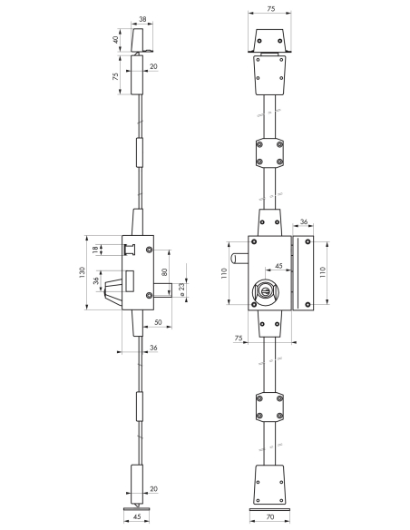 Serrure en applique Targa à tirage pour porte d'entrée, droite, 3 pts, Transit2 Ø23mm, axe 45mm, or, 4 clés - THIRARD Serrure...