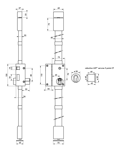 Serrure en applique Targa A2P* à tirage pour entrée, gauche, 3pts, Transit2 30x65mm, axe 45mm, blanc, 4 clés - THIRARD Serrur...