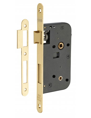 Serrure encastrable à condamnation pour porte de salle de bain et toilettes, axe 50mm, bouts ronds, têtière laiton - THIRARD FBA