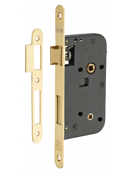Serrure encastrable à condamnation pour porte de salle de bain et toilettes, axe 50mm, bouts ronds, têtière laiton - THIRARD FBA