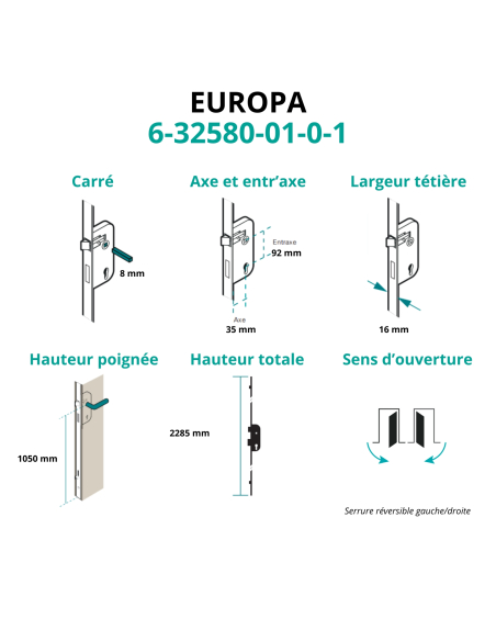 Serrure encastrée Europa à cylindre pour porte d'entrée, axe 35mm, 5pts, H. 2150m, 6-32580-01-0-1 - FERCO by THIRARD FBA