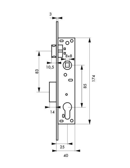 Boitier de serrure encastrable à cylindre pour menuiserie métallique, axe 25mm, bouts carrés, zingué - THIRARD Serrures encas...