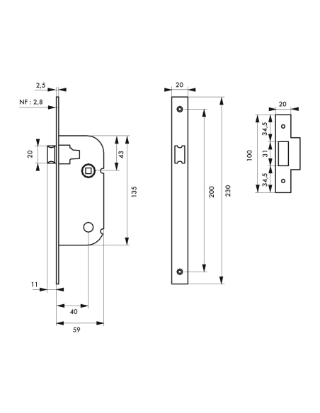 Serrure encastrable pour porte intérieure, axe 40mm, têtière inox, bouts ronds, zinc - THIRARD Serrures encastrables