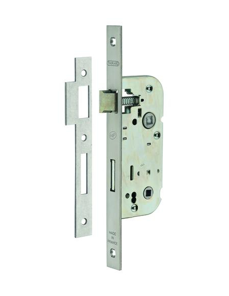Serrure encastrable NF à condamnation pour porte de salle de bain et toilettes, axe 40mm, bouts carrés, inox - THIRARD Serrur...