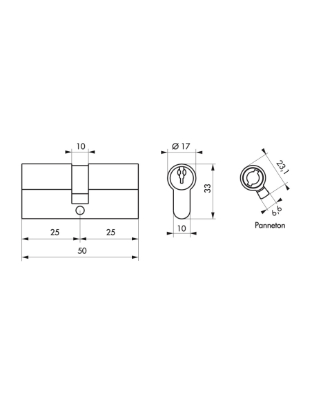 Cylindre de serrure double entrée, 25x25mm, anti arrachement, 3 clés, laiton - THIRARD Cylindres à double entrée