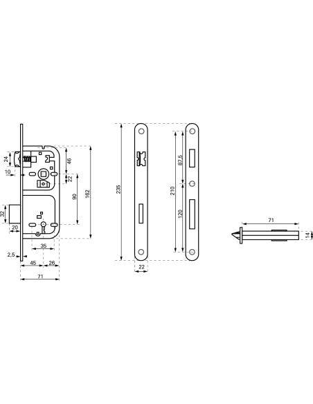 Boitier de serrure encastrable à clé pour porte de chambre, axe 45mm, entraxe 90mm, bouts ronds, chrome opaque - THIRARD Serr...