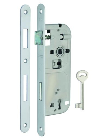 Boitier de serrure encastrable à clé pour porte de chambre, axe 50mm, entraxe 90mm, bouts ronds, chrome opaque - THIRARD Serr...