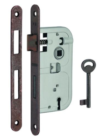 Serrure encastrable à clé pour porte de chambre, axe 50mm, bouts ronds, 1 clé, têtière bronze - THIRARD Serrures encastrables