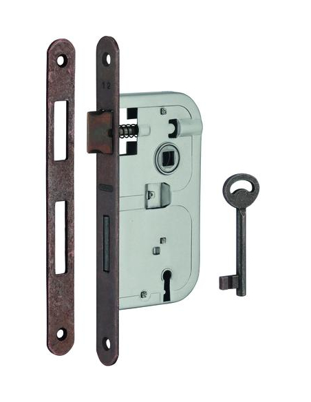 Serrure encastrable à clé pour porte de chambre, axe 50mm, bouts ronds, 1 clé, têtière bronze - THIRARD Serrures encastrables