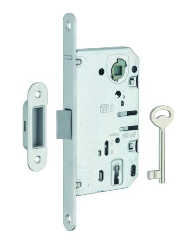 Serrure encastrable à clé pour porte de chambre, axe 50mm, bouts ronds, pene dormant, chrome - THIRARD Serrures encastrables