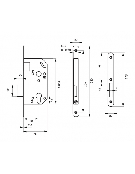 Boitier de serrure encastrable Unimax NF à cylindre pour entrée, pêne dorm. seul, axe 50mm, bouts ronds, noir - THIRARD Serru...