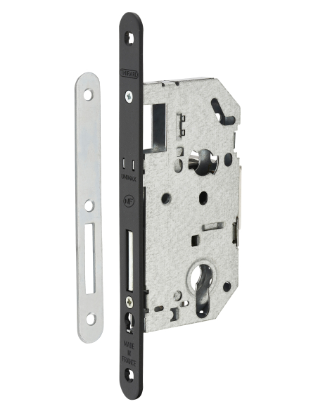 Boitier de serrure encastrable Unimax NF à cylindre pour entrée, pêne dorm. seul, axe 50mm, bouts ronds, noir - THIRARD Serru...